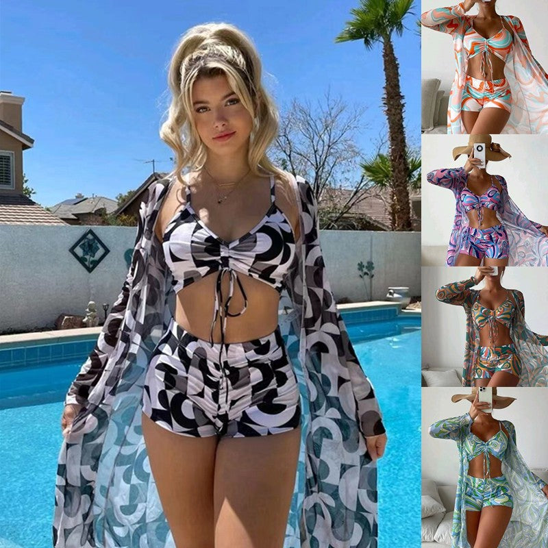 3pcs Pring Bikini with Long Sleeve Cardigan Fashion Summer Beach