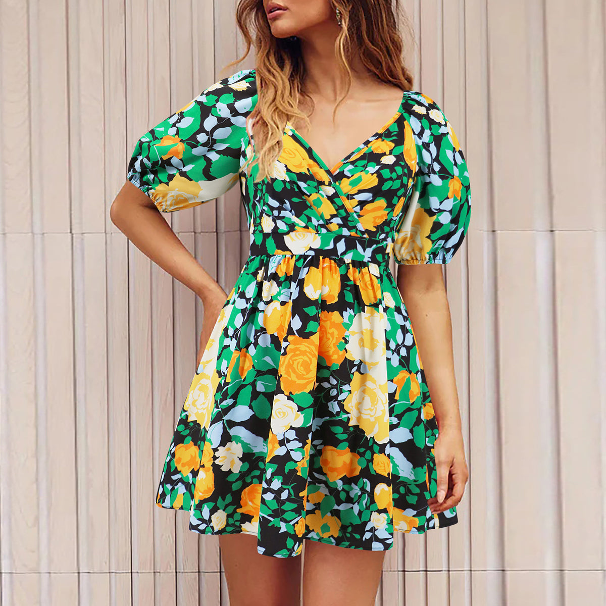 Flowers Print V-Neck Lantern-Sleeve Dress Y2K Summer Vacation Beach