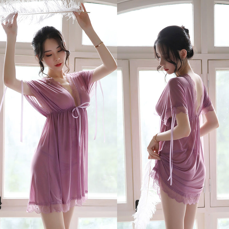 Women’s Silk Satin V-Neck Nightgown - Backless Sleep Shirt Nightwear