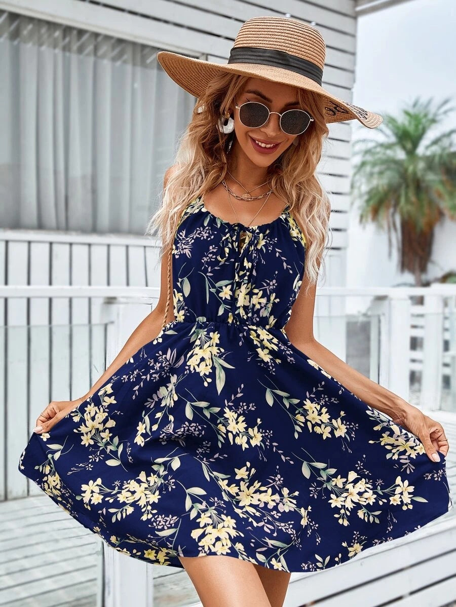 Floral Print Suspender Dress with Elastic Waist Design Fashion Summer