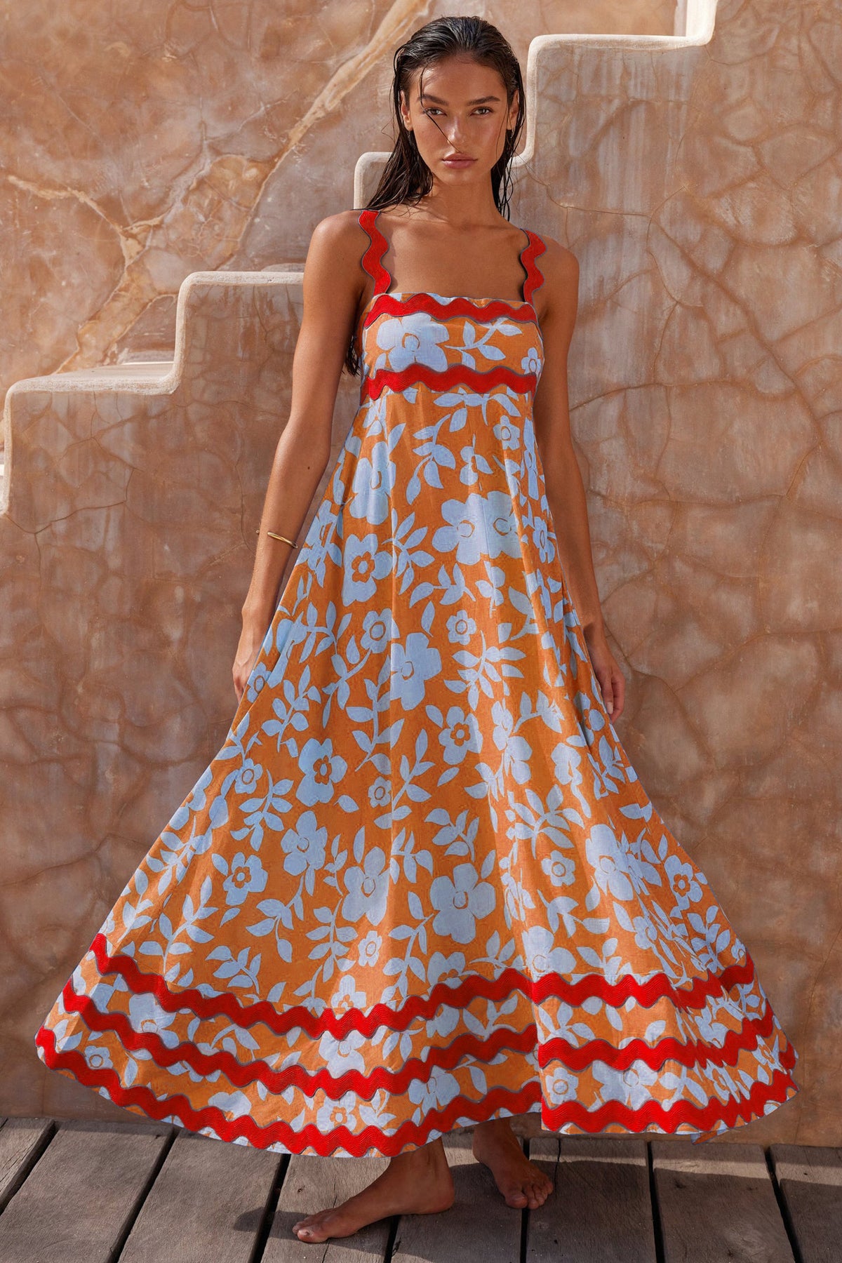 Flowers Print Wavy Pattern Suspender Long Dress for Women Fashion