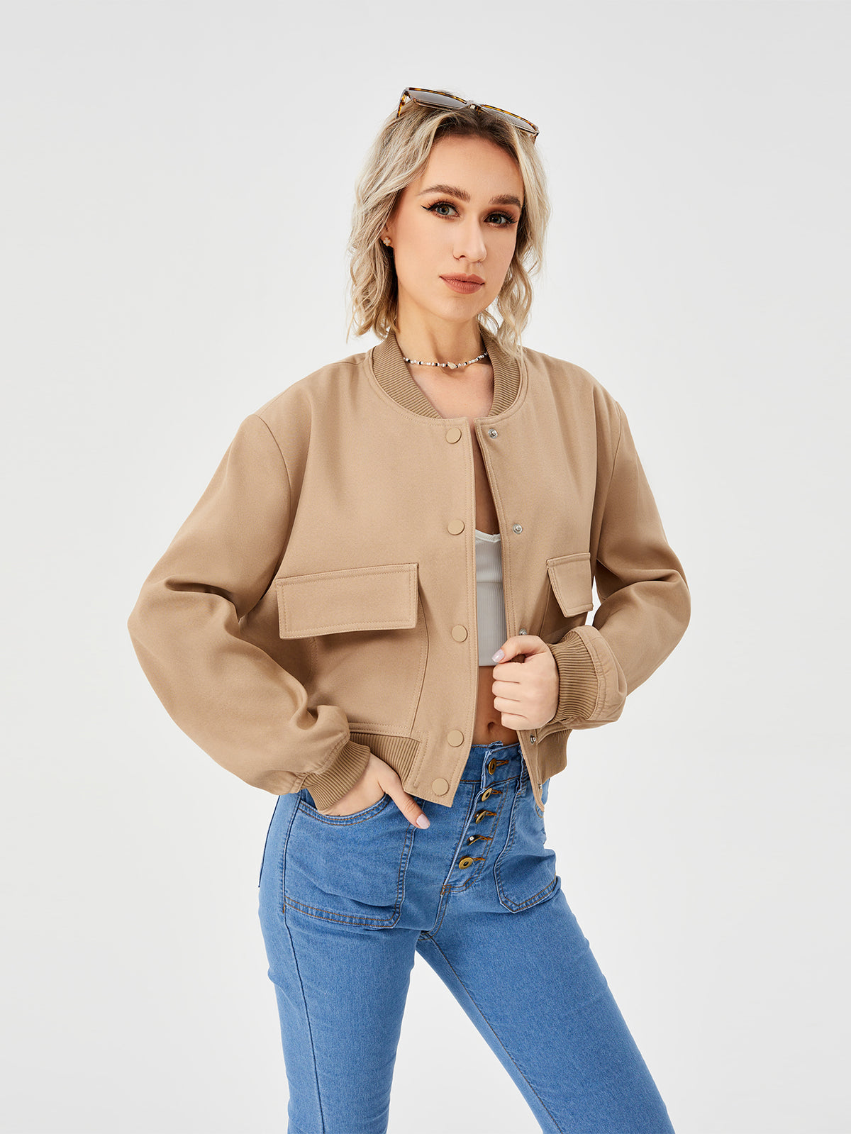 Women's Lightweight Cropped Bomber Jacket Casual Long Sleeve Varsity