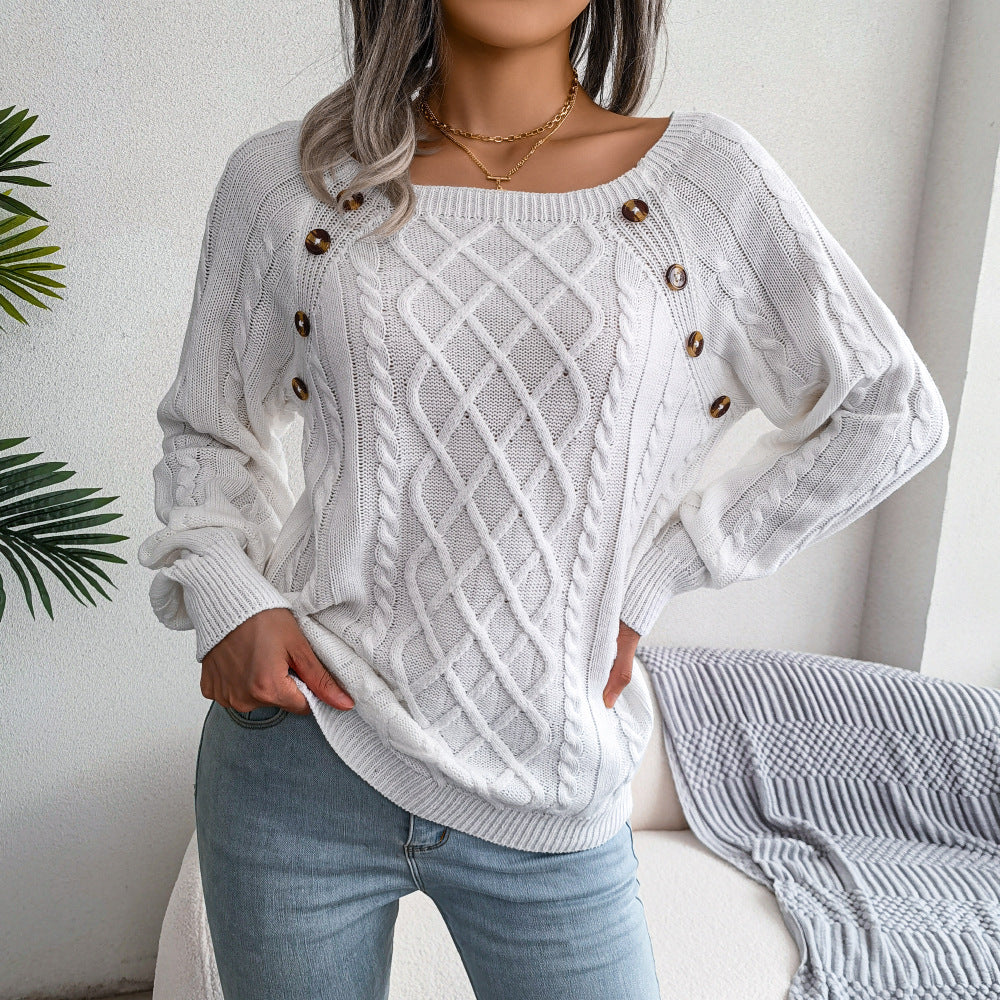 Square Neck Knitted Sweater with Button Design Winter Warm Long