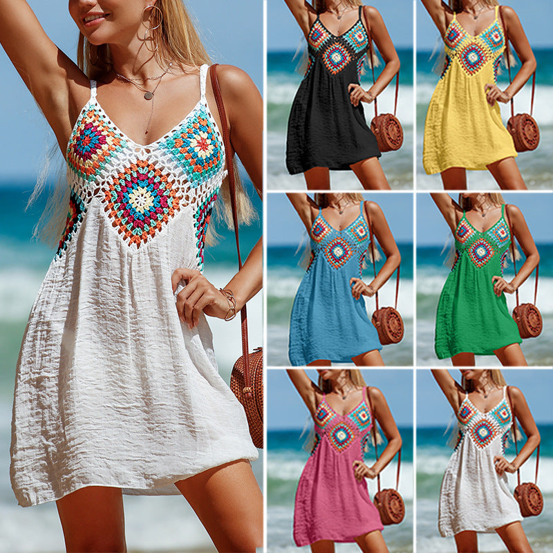 Summer Sleeveless Dress Bohemia Stitching Colorful Pattern V-Neck