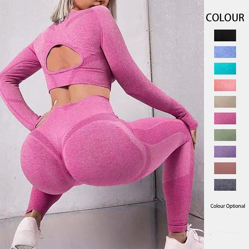 2pcs Sports Suits Long Sleeve Hollow Design Tops and Butt Lifting