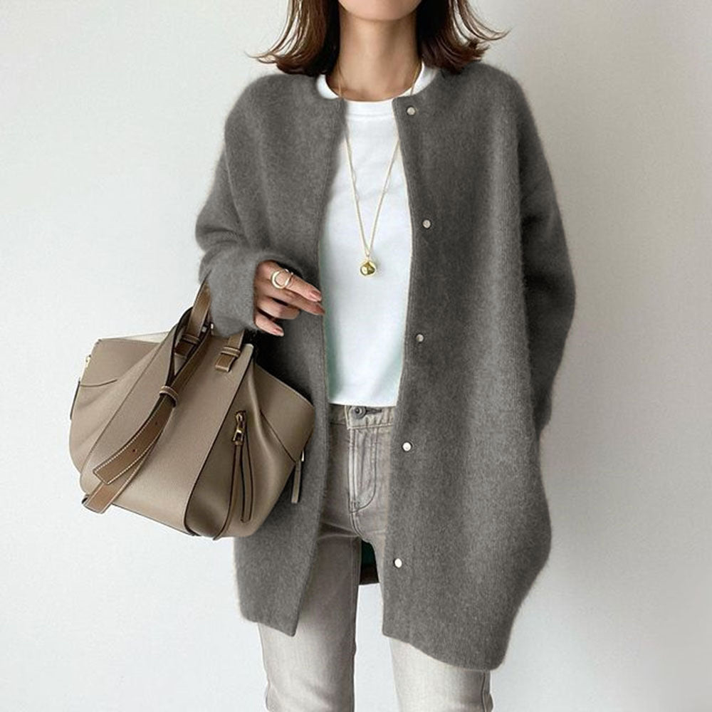 Loose Round Neck Single Breasted Cardigan Fashion Solid Color Coat