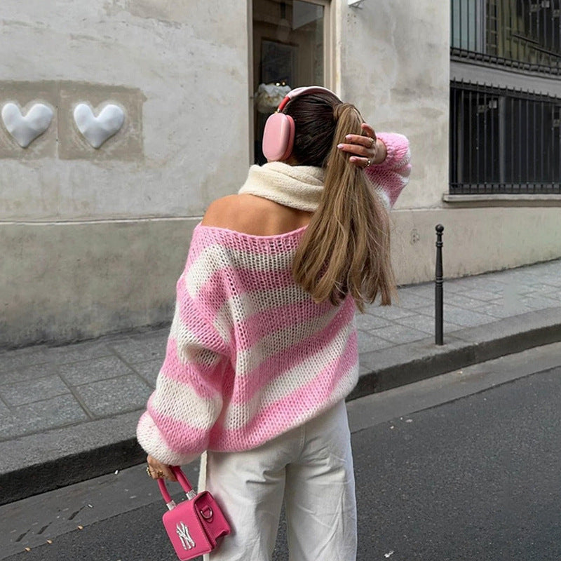 Loose Striped Pullover Sweater Fashion Versatile Long-Sleeved Knitted