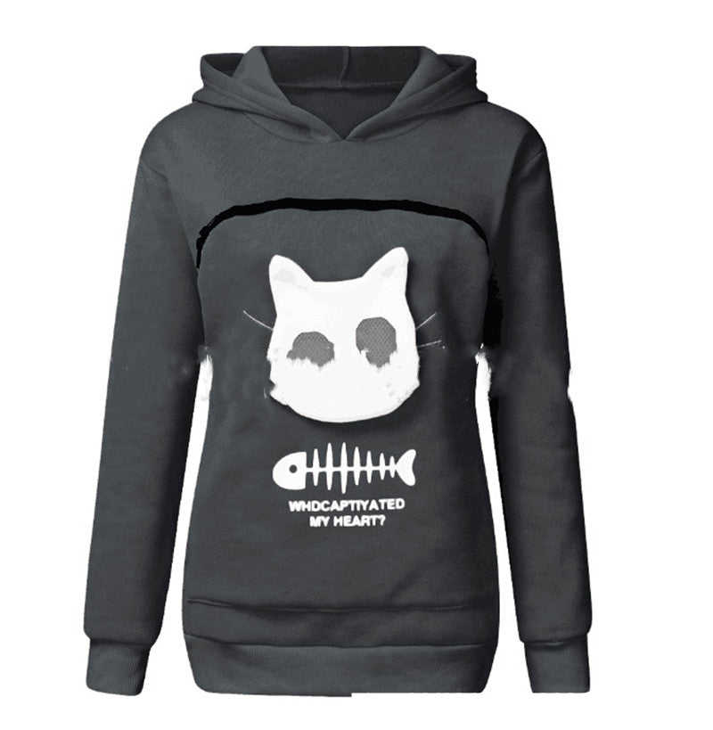 Women Hoodie Sweatshirt with Cat Pet Pocket Design Long Sleeve