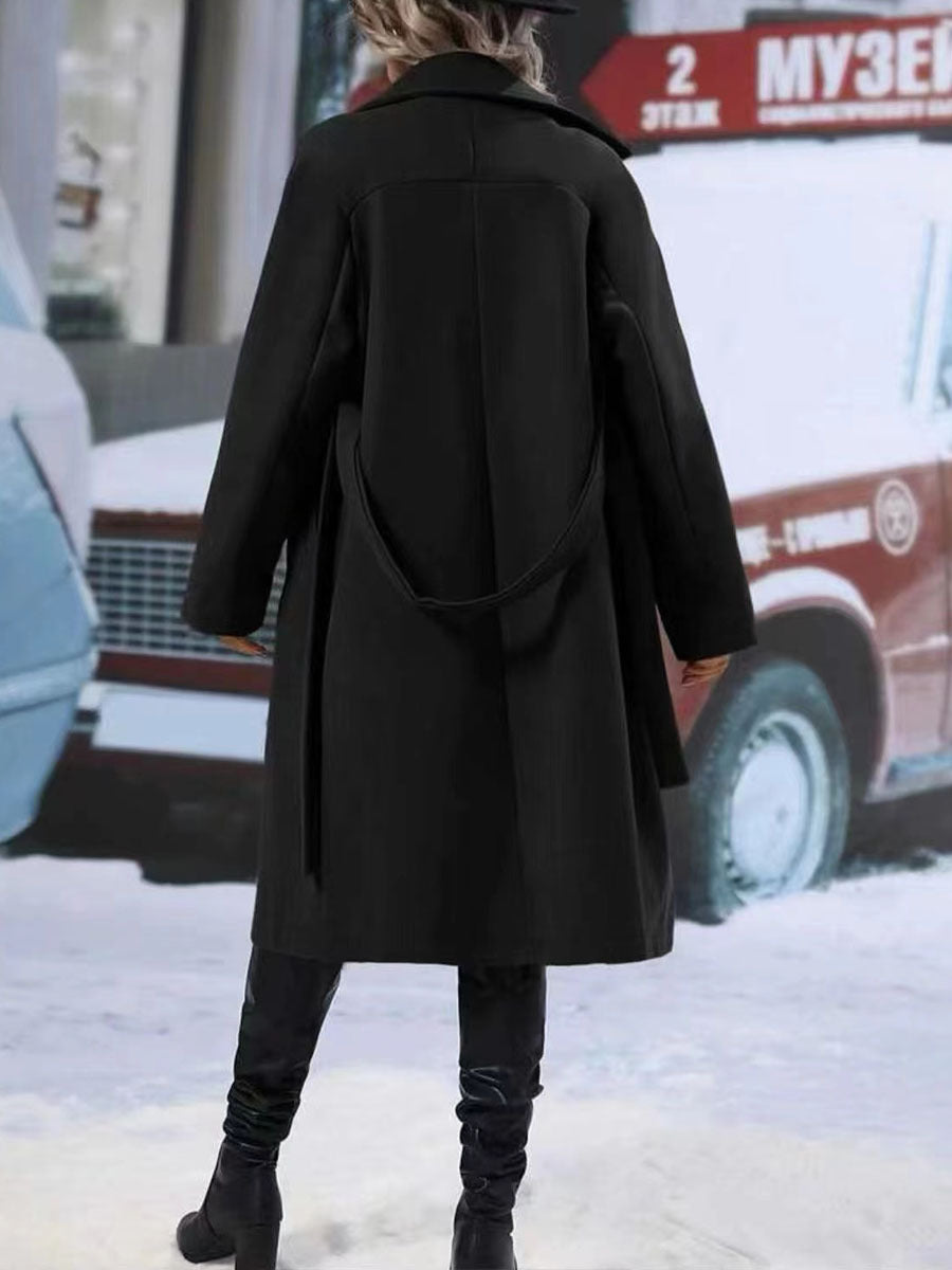 Lapel Double-Breasted Trench Coat with Belt Winter Fashion Solid