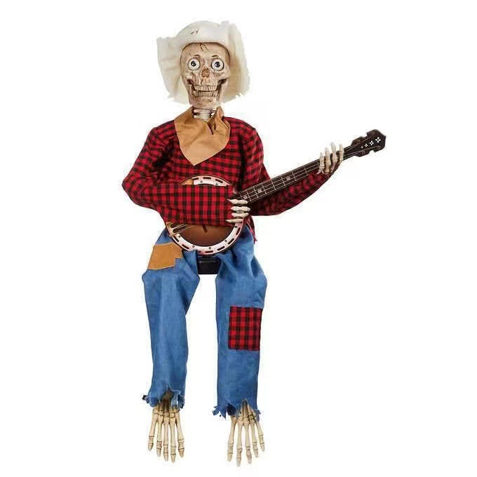 Halloween Banjo Skeleton Decoration - Sitting Skeleton Musician Prop