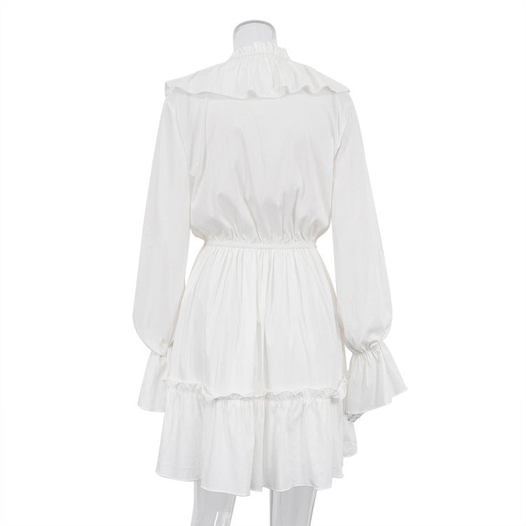 Fashion V-Neck Pleated Ruffle Long Sleeve Dress Y2K Flared Short