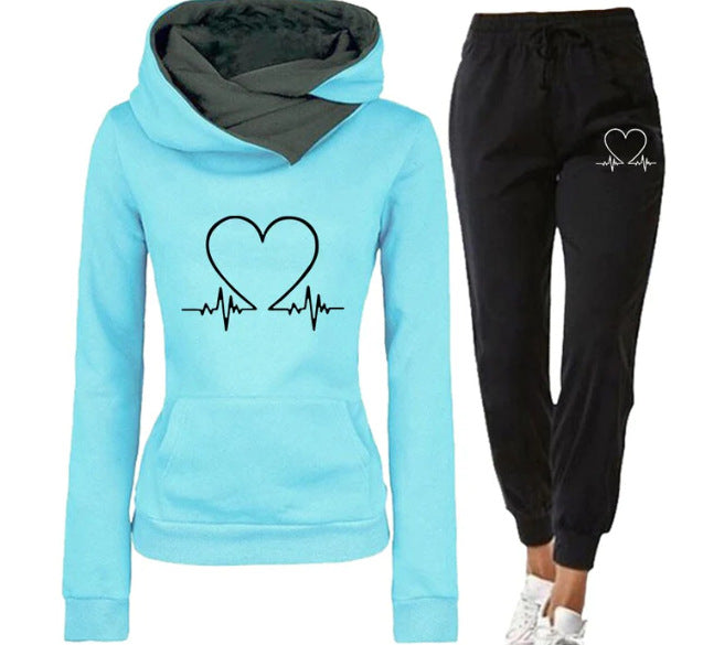 Love Heart Printed Sports Suit Hooded Sweatshirt Top and Drawstring