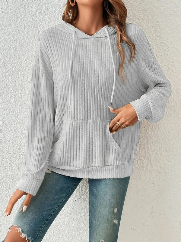 Fashion Drawstring Long-Sleeved Hooded Sweatshirt with Pockets Solid