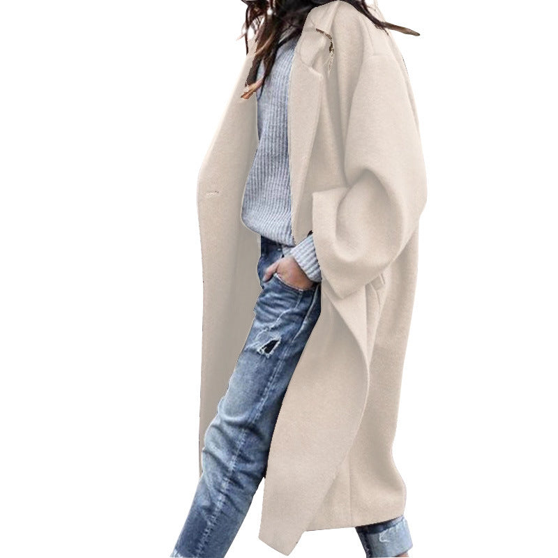 Casual Long Jacket with Pockets Solid Color Single Breasted Lapel