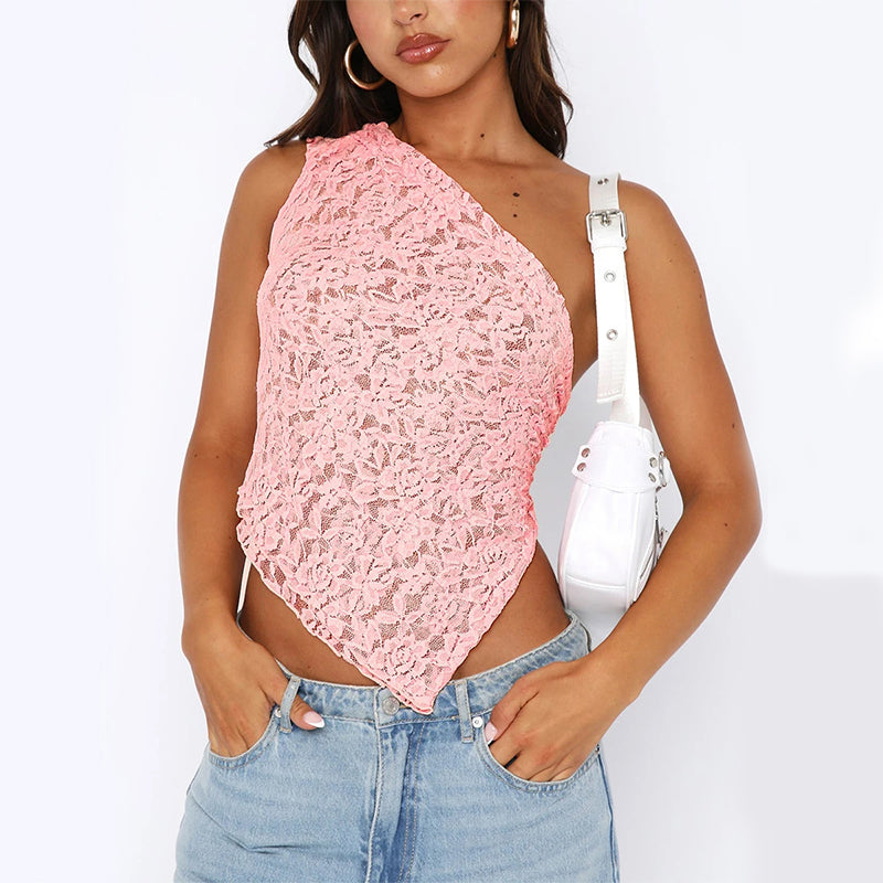 Lace Backless Top Summer Solid Color Waistless Asymmetrical Sloped