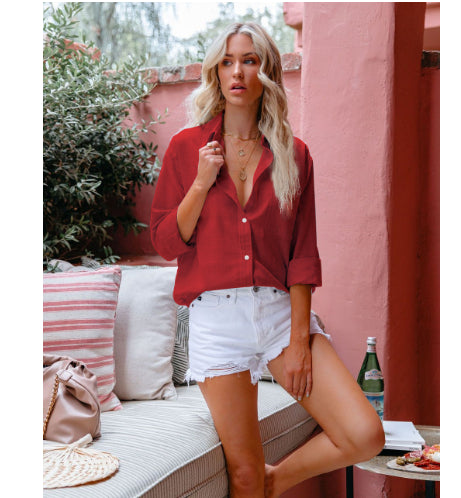 Loose Button Lapel Cardigan Top Long Sleeve Shirt Women's Blouses