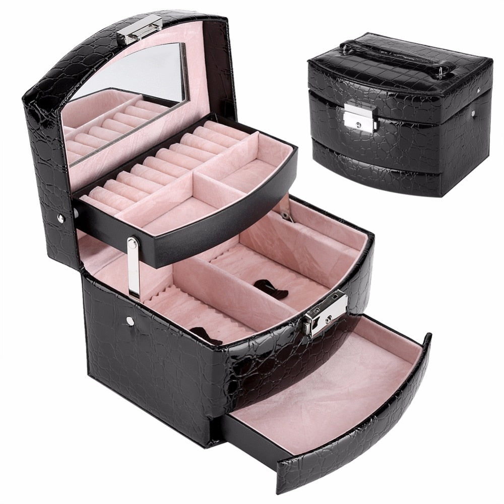 3-Layer PU Leather Jewelry Box - Makeup & Jewelry Organizer Case