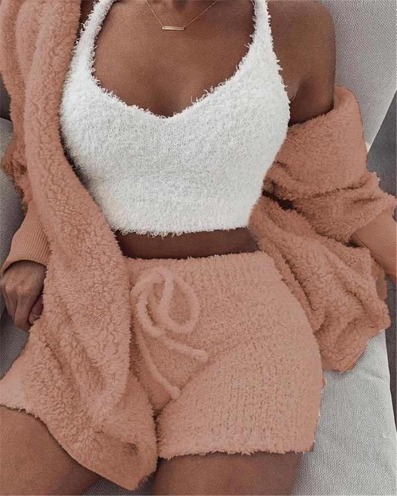 3pcs Women's Clothing Long Sleeve Crop Tank Top and Drawstring Shorts