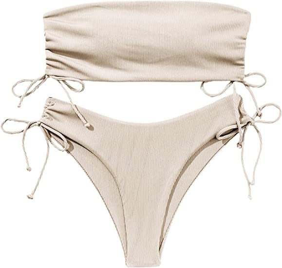 Summer Tube Bikini with Drawstring Design Solid Color Sexy Swimsuit