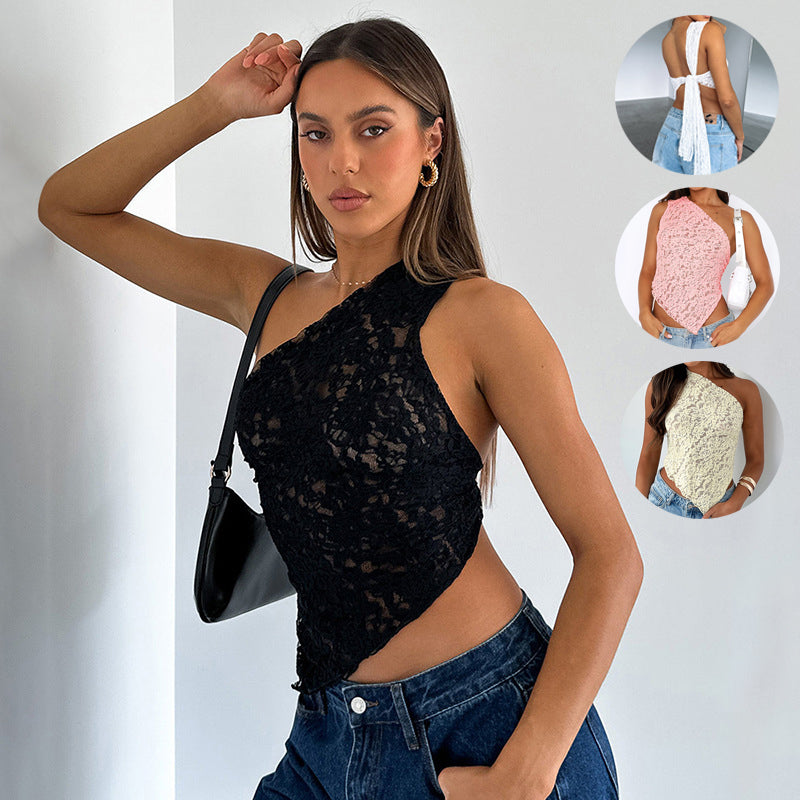 Lace Backless Top Summer Solid Color Waistless Asymmetrical Sloped