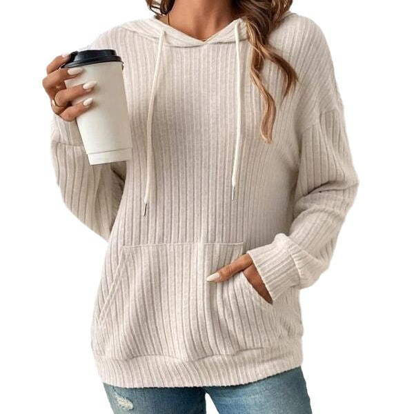 Fashion Drawstring Long-Sleeved Hooded Sweatshirt with Pockets Solid