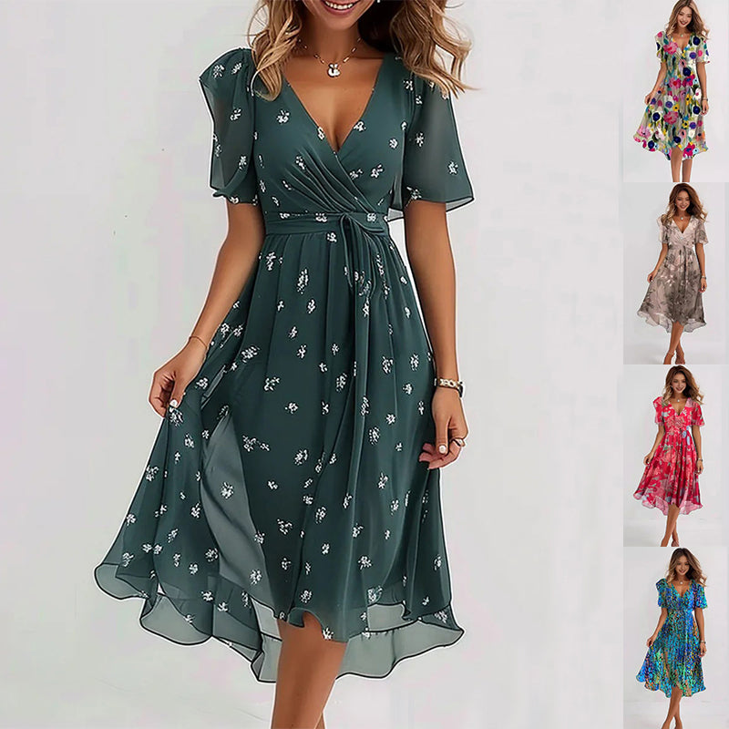 Chiffon Printed Short Sleeve Dress Summer Elegant V-Neck Dresses
