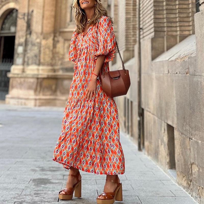Summer Women's Vintage Printed Bohemian Dress Elegant Ladies Casual