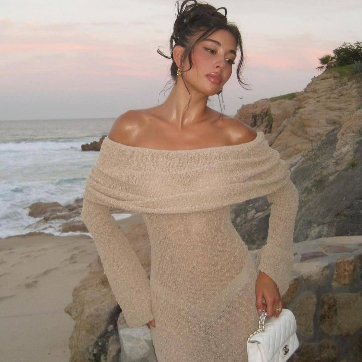 One-Shoulder Knitted Long-Sleeved Dress Sexy Beach Holiday Long