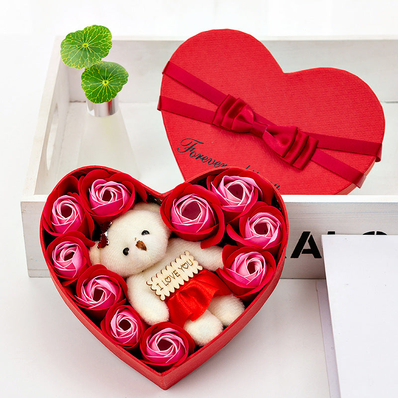 10 Soap Rose Flower Gift Box with Bear - Christmas & Valentine’s Gift for Girlfriend
