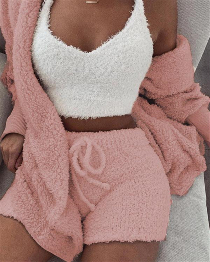 3pcs Women's Clothing Long Sleeve Crop Tank Top and Drawstring Shorts