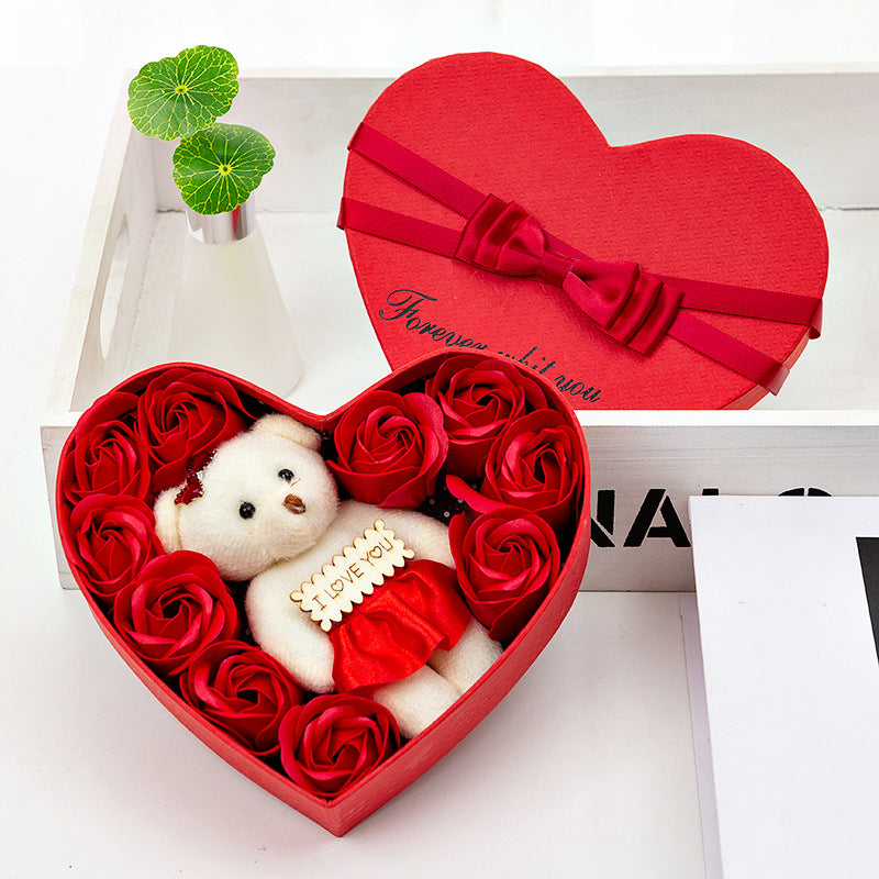 10 Soap Rose Flower Gift Box with Bear - Christmas & Valentine’s Gift for Girlfriend
