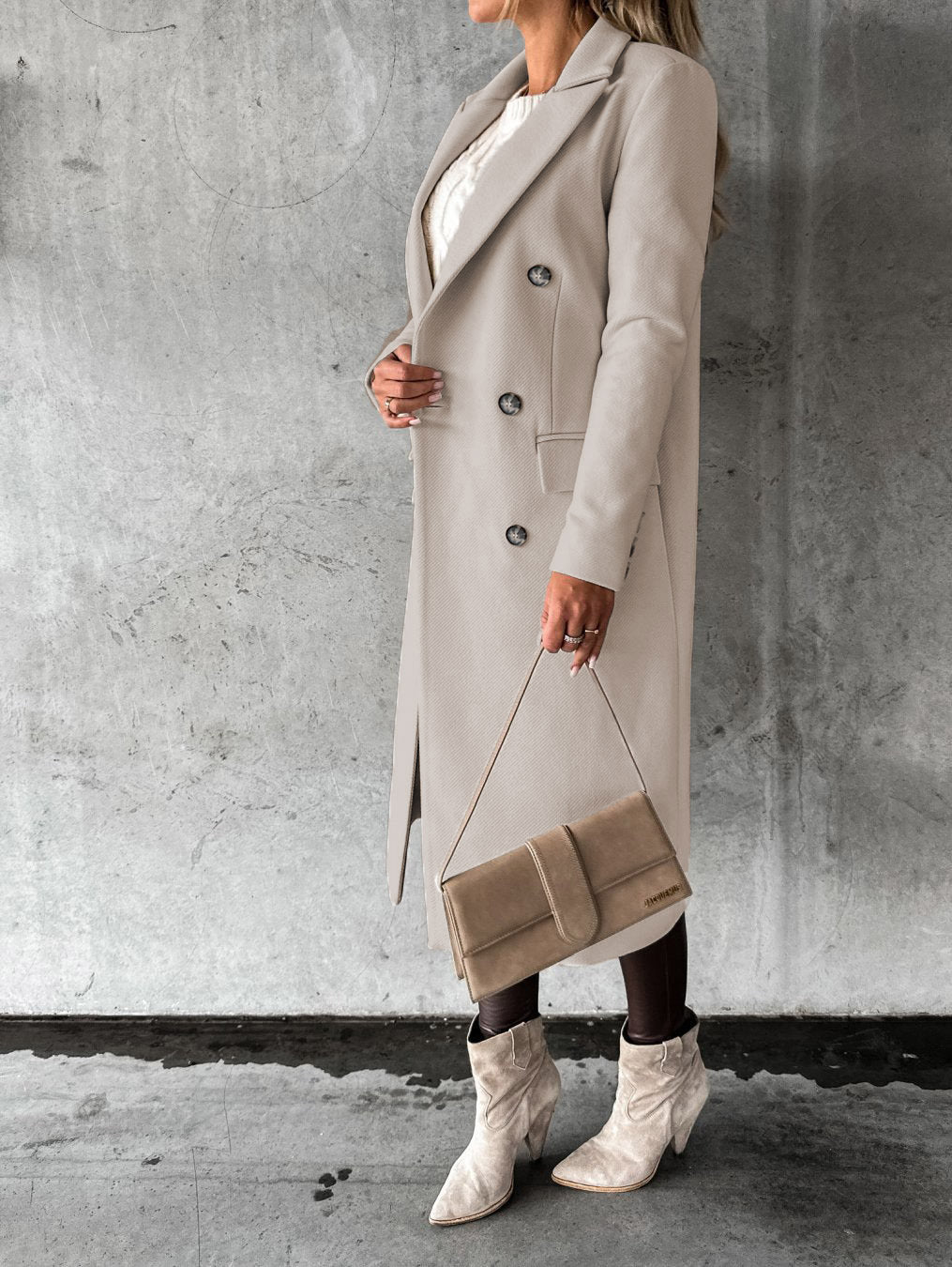 Double Breasted Lapel Coat Winter Fashion Solid Slim Long Jacket