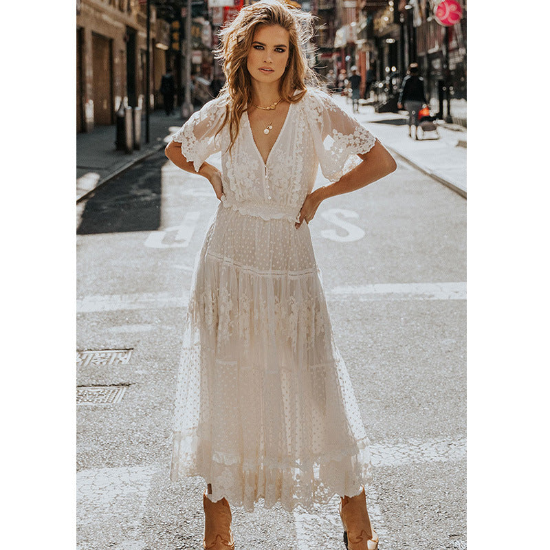 Women's V-Neck Lace Dress with Elbow-Length Sleeves