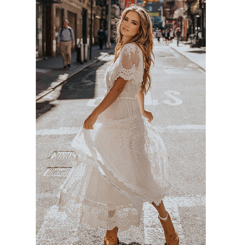 Women's V-Neck Lace Dress with Elbow-Length Sleeves
