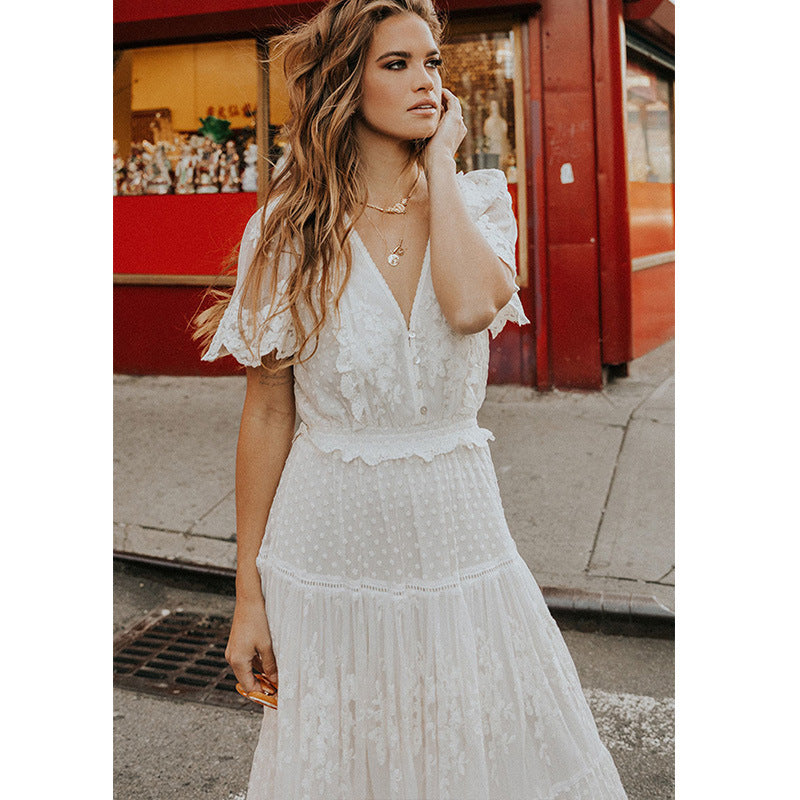 Women's V-Neck Lace Dress with Elbow-Length Sleeves