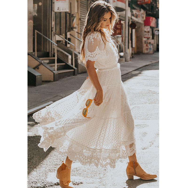 Women's V-Neck Lace Dress with Elbow-Length Sleeves