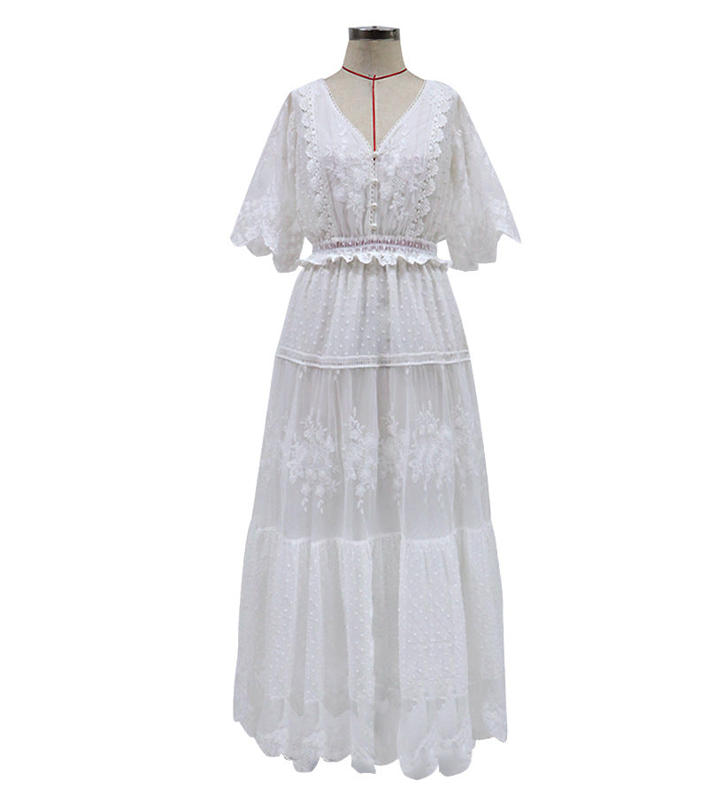 Women's V-Neck Lace Dress with Elbow-Length Sleeves