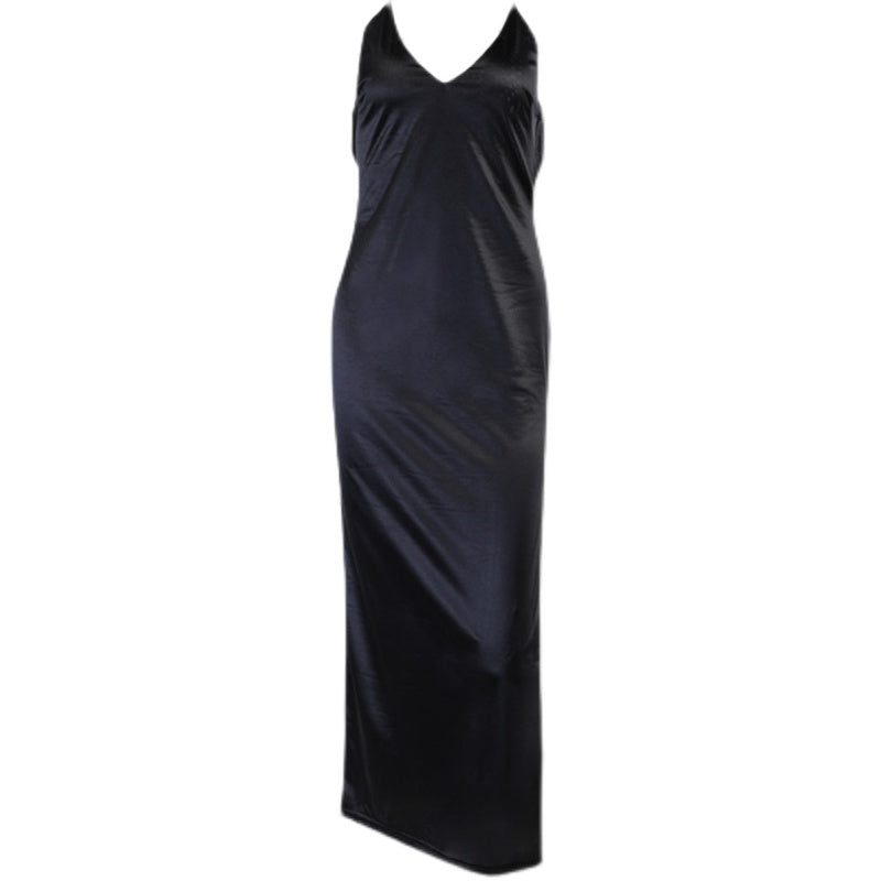 Satin Maxi Dress Women Sexy Black Backless Split Party Dresses Off