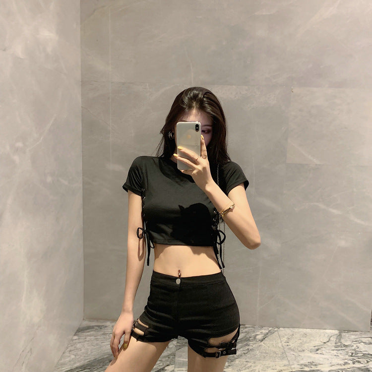 Double Buckle Design High Waist Stretch Tight Shorts for Women