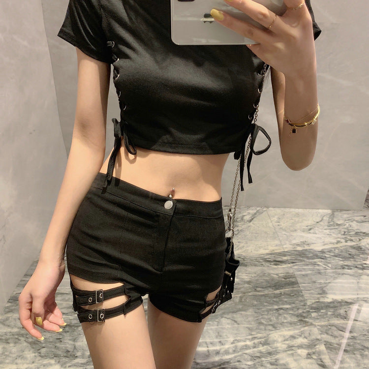 Double Buckle Design High Waist Stretch Tight Shorts for Women