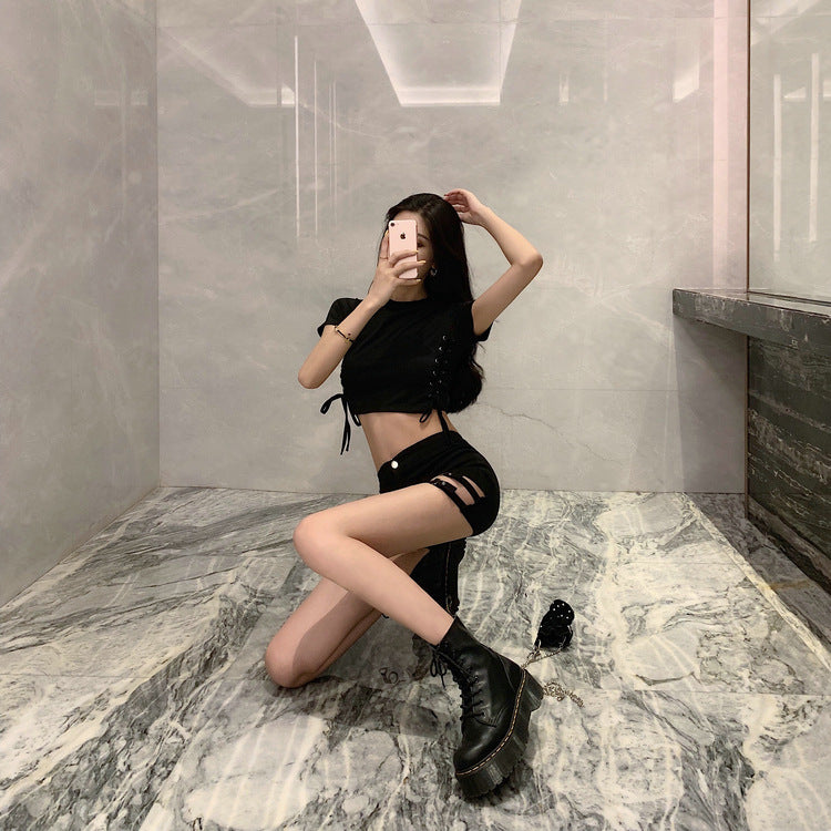 Double Buckle Design High Waist Stretch Tight Shorts for Women