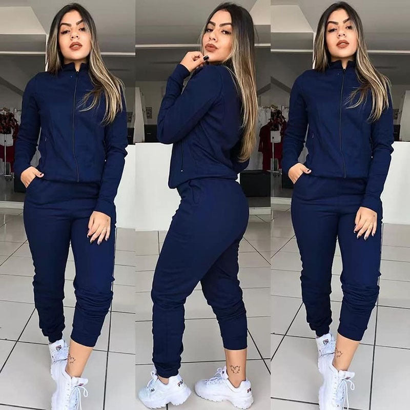 Women's Solid Color Long Sleeve Pants Suit Motion Twinset Two Pieces