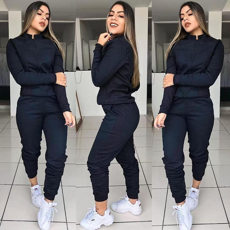 Women's Solid Color Long Sleeve Pants Suit Motion Twinset Two Pieces