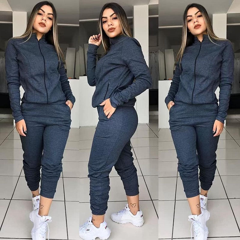Women's Solid Color Long Sleeve Pants Suit Motion Twinset Two Pieces