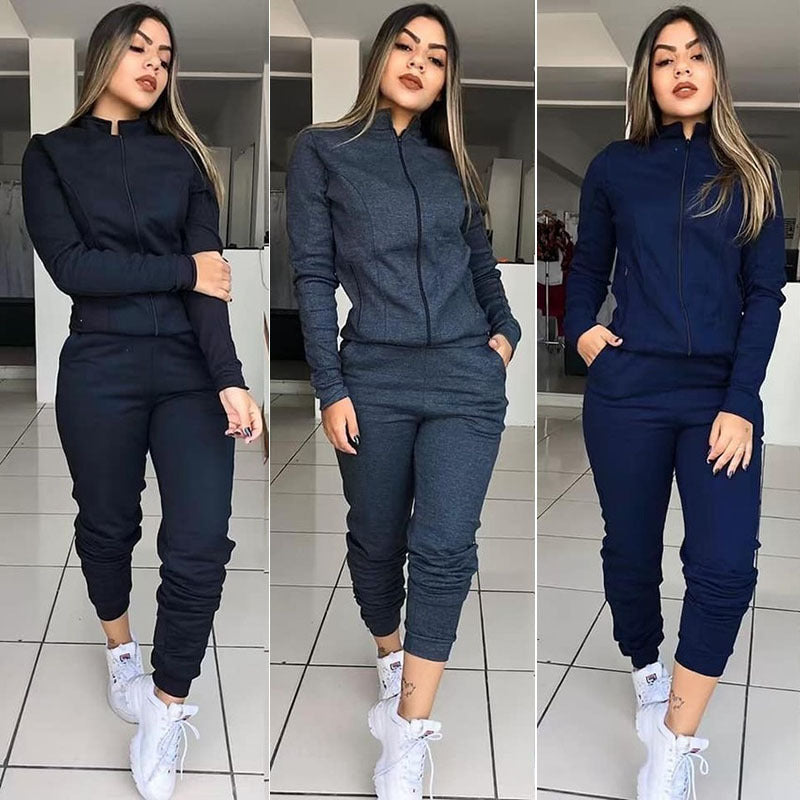 Women's Solid Color Long Sleeve Pants Suit Motion Twinset Two Pieces