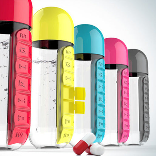 2-in-1 Water Bottle with Pill Box - Travel Cup with Storage