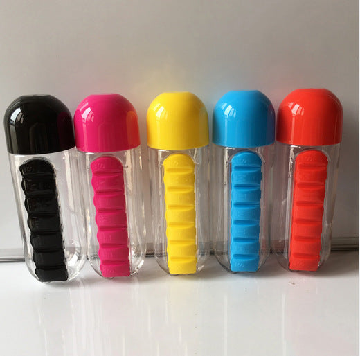 2-in-1 Water Bottle with Pill Box - Travel Cup with Storage
