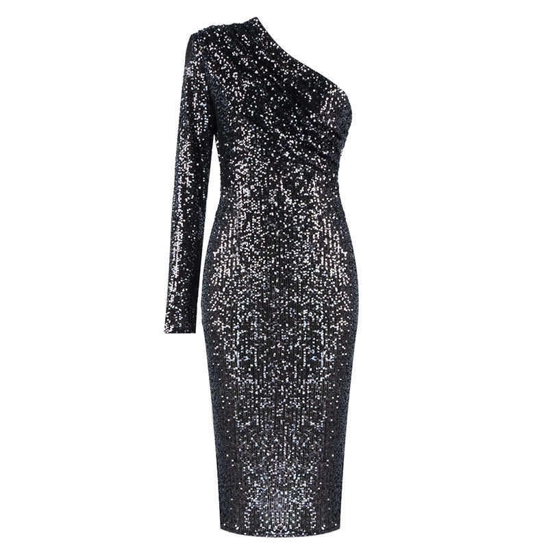One-Shoulder Dress Oblique Collar Wrapped Chest Evening Fashion