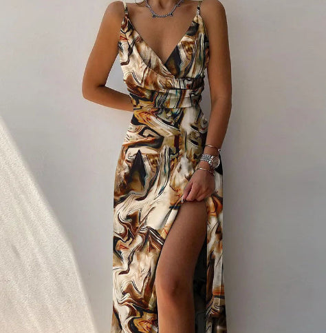 V-Neck Slit Sling Dress Summer Fashion Sexy Slim Suspender Dresses