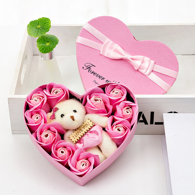 10 Soap Rose Flower Gift Box with Bear - Christmas & Valentine’s Gift for Girlfriend